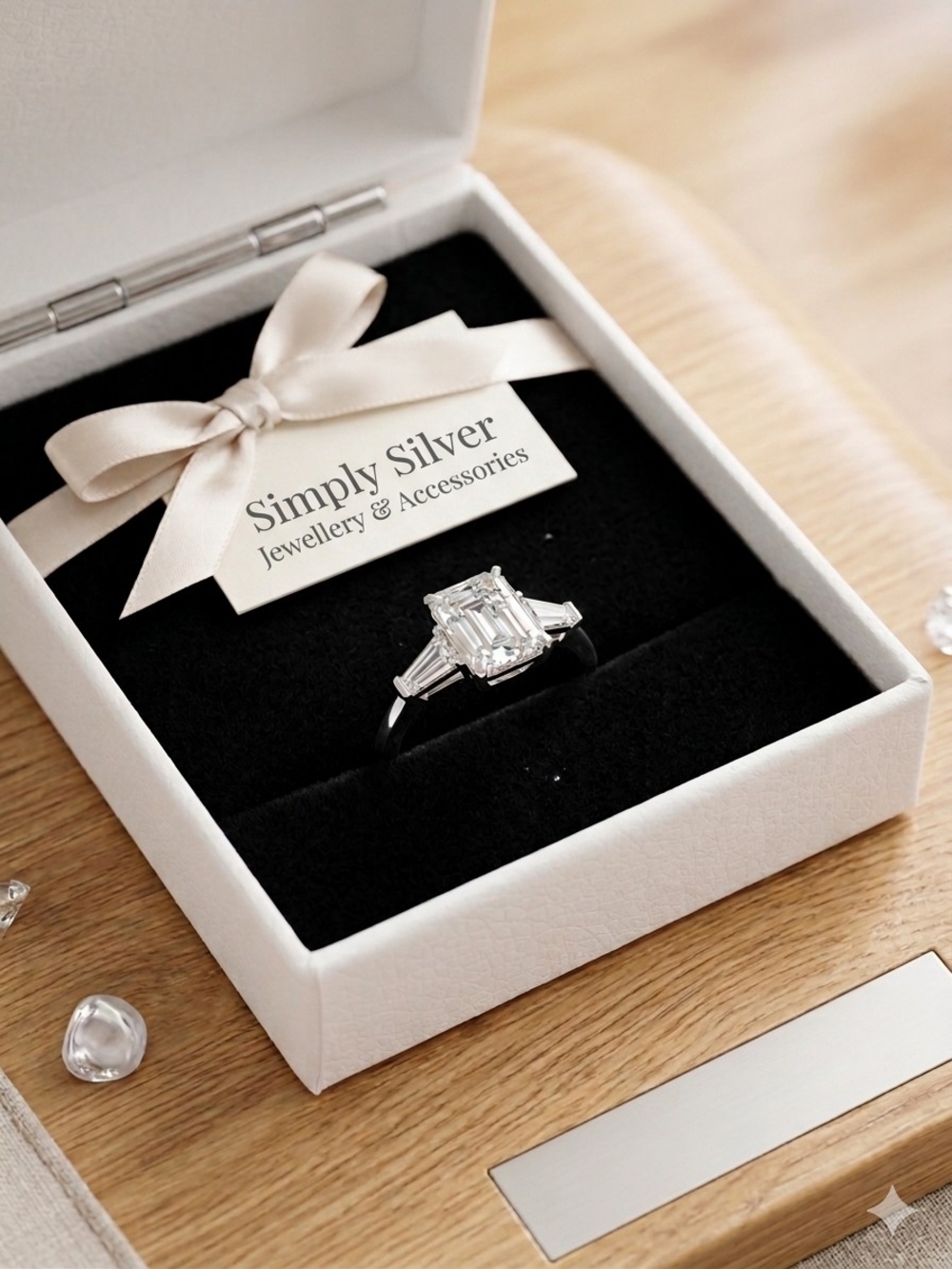 White Emerald-Cut Ring with Tapered Baguette Accents